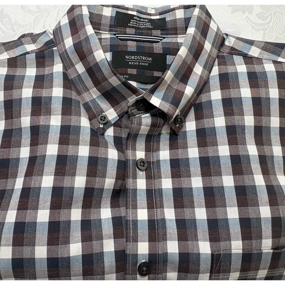 Nordstrom Brown and White Plaid Casual Button Down Shirt